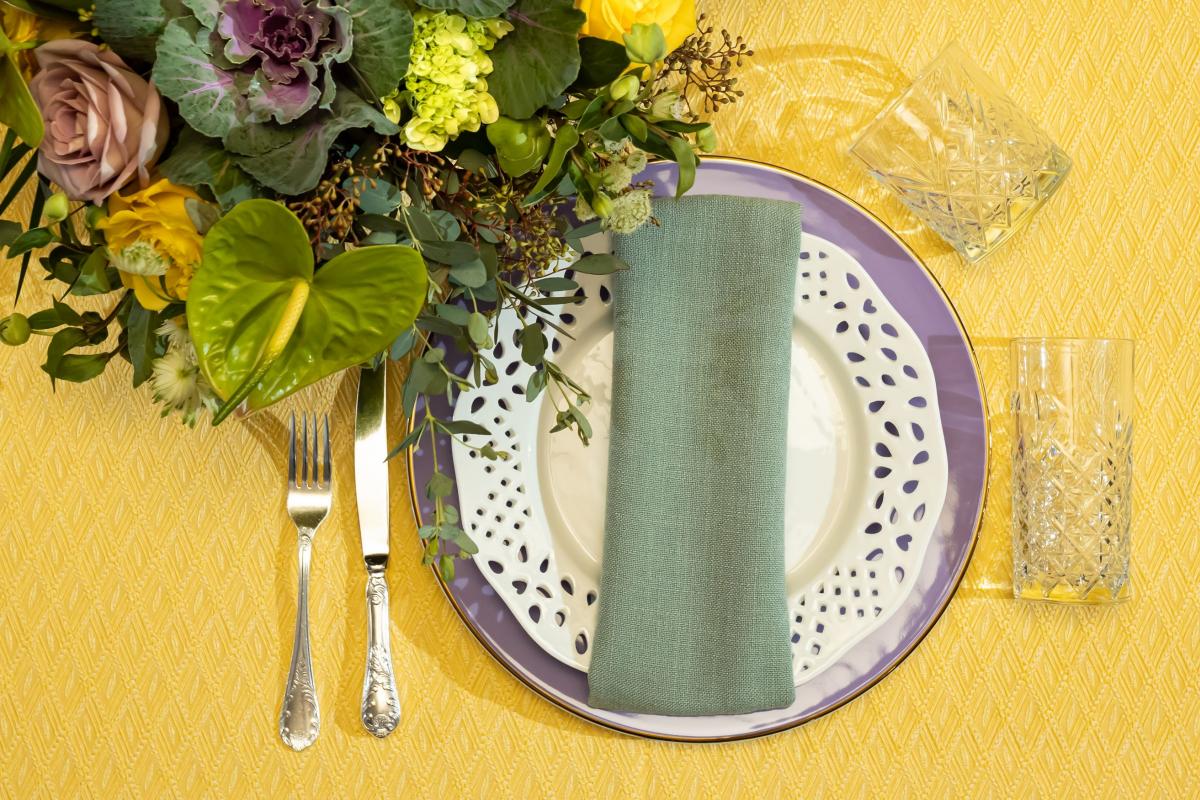White Lace and Anna Weatherly Lilac on Yellow Tiki with Linati Seafoam Napkin and Monte Carlo Flatware with Timeless Glassware
