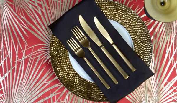 Gold Matte with Mystique Satin Black Dinner Napkin on Geneva Gold and Palms Red 